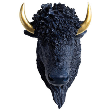 Faux Taxidermy Bison Head Wall Mount, Navy and Gold