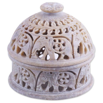 Novica Elephant Alliance Soapstone Decorative Jar