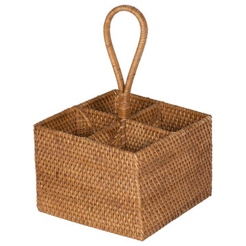 Loma Rattan Bottle and Silverware Caddy, Honey-Brown