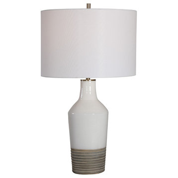 Luxe Rustic Two Tone Crackle Ceramic Table Lamp White Beige Terra Cotta Ribbed