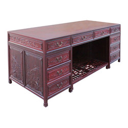 Large Oriental Rosewood Extra Size Flower Bird Carving Editor Office Desk - Desks And Hutches