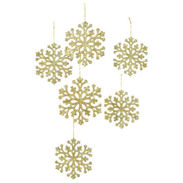Serene Spaces Living Set of 6 Gold Snowflake Christmas Ornaments, Each 4" Dia