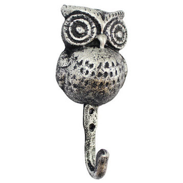 Rustic Silver Cast Iron Owl Wall Hook 6"