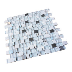 Glossy and Matte White With Aluminum Random Brick Cubes Pattern Glass Mosaic Til - Home Accessories & Decor