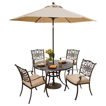 Traditions 5-Piece Dining With Umbrella and Base, Set of 4