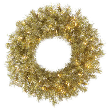 Vickerman Gold/Silver Tinsel Wreath, 50 Warm White LED, 24"
