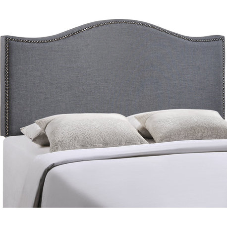 Curl Queen Nailhead Upholstered Fabric Headboard, Smoke