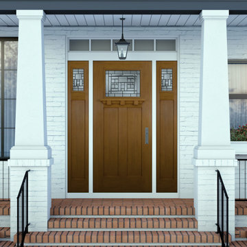 Craftsman Home Entryway with White Exterior, Black Accents and a wooden Masonite