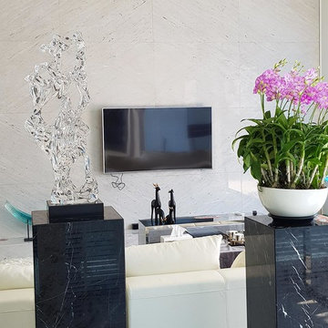 Bookmatched Yugoslavian White marble for TV wall of Palm Springs Villa, Pattaya,