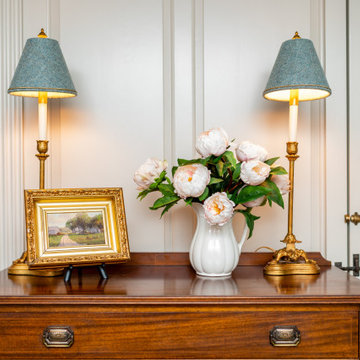 New England farmhouse master bedroom and bath