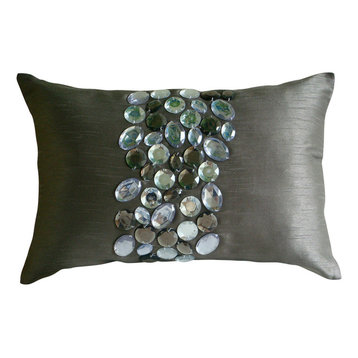 Crystals Gray Art Silk 12"x20" Lumbar Pillow Cover, Crystal Delight