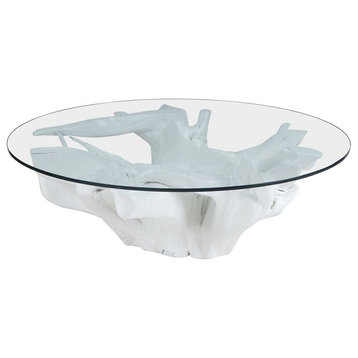 Modern Round Glass Top Coffee Table in Champagne Gold Finish Hand Crafted Teak