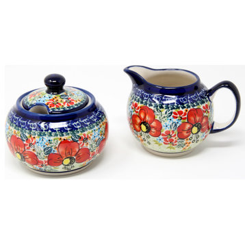 Polish Pottery Sugar Bowl and Creamer, Pattern Number: 296ar