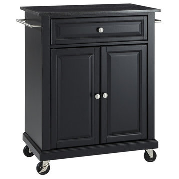 Solid Black Granite Top Portable Kitchen Cart/Island, Black Finish