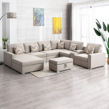 Nolan 124" Linen 8Pc Reversible Chaise Sectional Sofa with Interchangeable Legs,