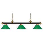 Z-Lite - Island/Billiard - Finished In Bronze and Satin Gold This Three Light Bar Fixture Uses Plastic Green Shades To Create A Contemporary Look With A Timeless Quality To It. This Fixture Would Be Perfect For The Game Room Or Any Other Room Of The House Where A Touch Of Under Stated Sophistication Is Needed.