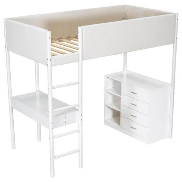 Modern Twin Loft Bed, Foldable Desk With Open Shelves and Storage Drawers, White
