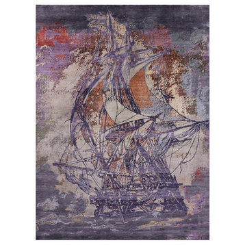 9' 0" X 12' 0" Sailing Ship Hand Knotted Wool and Silk Rug Q8648
