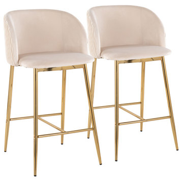 Fran Pleated Waves Counter Stool, Set of 2, Gold Metal and White Velvet