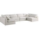 Meridian Furniture - Plush Velvet / Down Standard Comfort 6-Piece U-Shaped Modular Sectional, Cream - No matter how big or little the size of your gang, they can all find their sweet spot when you choose pieces from the Plush collection to build your ideal seating group. Choose this individual Plush piece or pair multiple pieces together to get the custom look everyone will love. The soft cream velvet material is soft and welcoming to the touch, and the set's cushions are overstuffed with a down and feather blend to provide ample support for tired bodies.