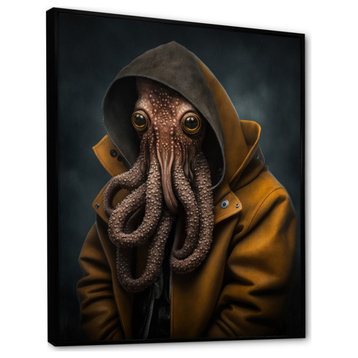 Anthropomorphic Of Octopus Portrait IV Framed Canvas, 12x20, Black