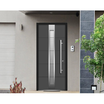 Exterior Prehung Frosted Glass Door / Deux 1717 Gray Graphite, Right in