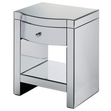 Elegant Nightstand, Storage Drawer and Lower Open Shelf With Mirrored Cover