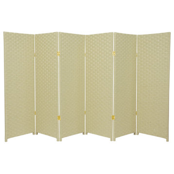 Traditional Tall Room Divider, 6 Double Hinged Panels With Woven Shades, Cream