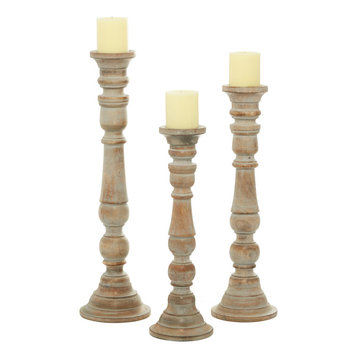 Set of 3 Brown Wood Traditional Candle Holder, 24", 21", 18" 14342