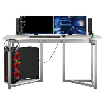 Modern Desk, Geometric Metal Base With CPU Shelf & Spacious Rectangle top, White