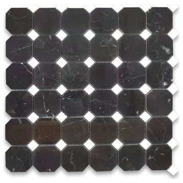 Nero Marquina Black Marble 2" Octagon Mosaic Tile Thassos White Polish, 1 sheet