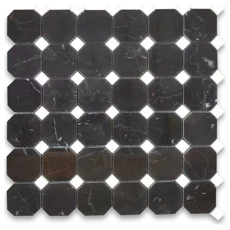 Nero Marquina Black Marble 2" Octagon Mosaic Tile Thassos White Polish, 1 sheet