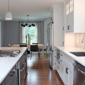 White Painted Kitchen with Gray Island