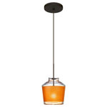 Besa Lighting - Besa Lighting Pica 6, 8.7" 6W 1 LED Cord Pendant with Flat Canopy - Pica 6 is a compact tapered glass with a broad angled top and a chamfer-cut bottom, its retro styling will gracefully blend into today's environments. The Blue Sand decor begins with a clear blown glass, with glossy outer finish. We then, using a handcrafting technique, carefully apply a band of actual fine-grained sand to the inner surface of the glass, where white color is fully saturated into the coating for a bold statement. A final clear protective coating is applied to seal and preserve the accent material. The result is a beautifully textured work of art, comfortable with the irony of sand being applied to a glass that ordinates from sand. When illuminated, the colors shimmers through the noticeable refractions created by every granule, as the sand patterning is obvious and pleasing. The 12V cord pendant fixture is equipped with a 10' braided coaxial cord with Teflon jacket and a low profile flat monopoint canopy. These stylish and functional luminaries are offered in a beautiful brushed Bronze finish.  Canopy Included: TRUE  Shade Included: TRUE  Canopy Diameter: 5 x 0.63< Dimable: TRUE  Color Temperature: 2  Lumens:   CRI: +  Rated Life: 0 HoursPica 6 8.7" 6W 1 LED Cord Pendant with Flat Canopy Bronze Gold Sand Glass *UL Approved: YES *Energy Star Qualified: n/a  *ADA Certified: n/a  *Number of Lights: Lamp: 1-*Wattage:6w LED bulb(s) *Bulb Included:Yes *Bulb Type:LED *Finish Type:Bronze