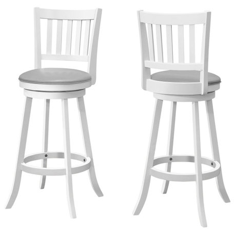 Bar Stool, Set Of 2, Swivel, Bar Height, Wood, Pu Leather Look, White, Grey