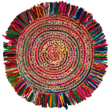 Contemporary Area Rug, Round Natural Pure Jute With Multicolored Cotton, 7'