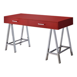 Desk Glossy Polyester Particle Red And Chrome Contemporary