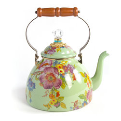 Flower Market Enamel 3 Quart Tea Kettle - Green | MacKenzie-Childs - Kettles