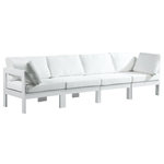 Meridian Furniture - Nizuc Water Resistant Patio Modular Straight Sofa, White, 4-Piece: 2 Armless Chair, 2 Corner Chair, White Aluminum Frame - Pick and choose your favorites from the Nizuc collection to create a modular seating group the whole gang will enjoy. The sturdy aluminum frame provides dependable support for friends and family as they relax and unwind, and the resilient white water resistant fabric stands up to the elements without losing its beautiful demeanor, so you can count on it lasting for the long haul. Latches beneath these seating pieces help you easily attach them to one another for convenient setup.