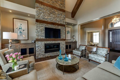 Living room - large transitional formal and open concept medium tone wood floor and brown floor living room idea in Edmonton with beige walls, a ribbon fireplace, a stone fireplace and a wall-mounted tv