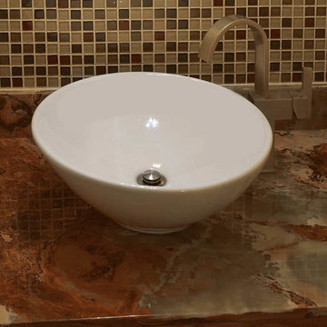 Modern Powder Room with Rust, Green and Ivory Onyx Vanity Top