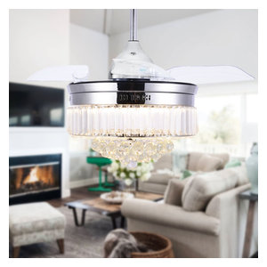 42 Modern Crystal Ceiling Fan With Lights Retractable Chandelier