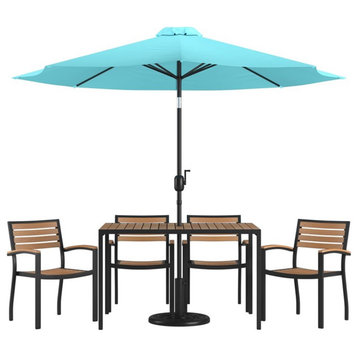 Flash Furniture 7PC Aluminum Patio Dining Set with Umbrella and Base in Blue
