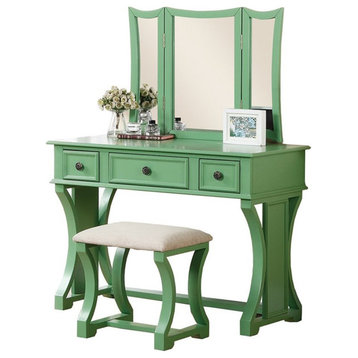 Bowery Hill Wood Vanity Set with Stool and Mirror in Apple Green