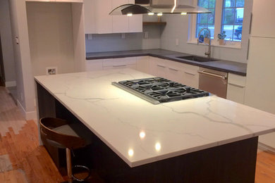 Example of a minimalist l-shaped laminate floor and beige floor eat-in kitchen design in Denver with a double-bowl sink, flat-panel cabinets, white cabinets, marble countertops, stainless steel appliances and an island
