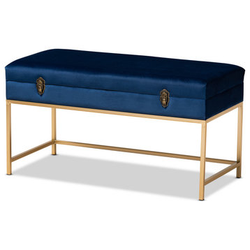 Aliana Navy Blue Velvet Upholster and Gold Finished Metal Large Storage Ottoman