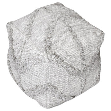Chevron Gray Textured Fringe Wool Pouf, Cube Raised Shaggy Retro Seat Square