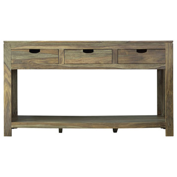 Rustic Console Table, Sheesham Wood Frame & Drawers With Cut Out Pulls, Natural