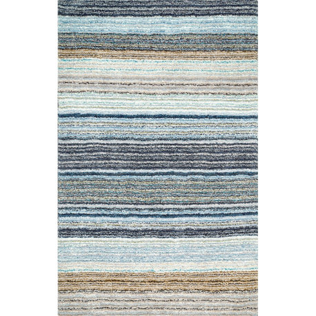 Nuloom Hand-Tufted Striped Shaggy Plush Shag Rug, Teal 9'x12'