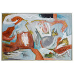 Harp and Finial - Kora Framed Canvas Art Hand Painted Abstract Brushed Silver Frame - With its organic, post-modern curves and vibrant mix of colors, the Kora Framed Canvas Art would be right at home next to a Dali. This handpainted piece features burnt orange swirls and touches of baby blue in clouds of white. The large canvas is stretched tautly over a solid wood frame.